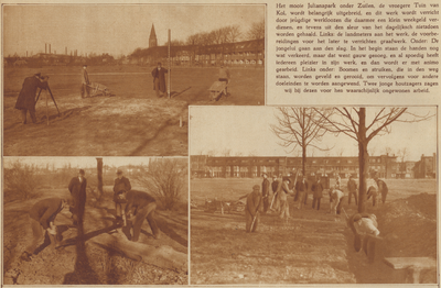 874189 Collage van 3 foto's betreffende de uitbreiding van het Julianapark te Zuilen, uitgevoerd door jeugdige werklozen.